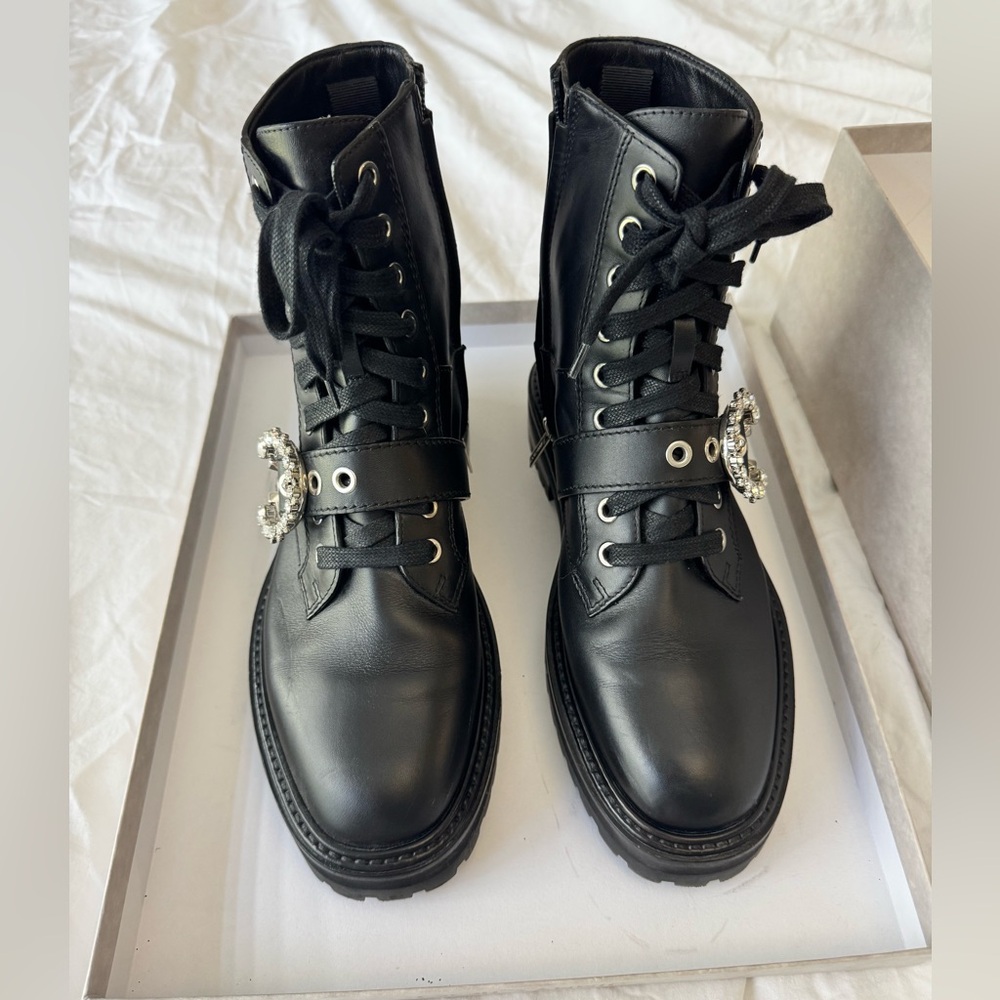 Jimmy Choo Cora Embellished Combat Lace Up Lug Platform Boots